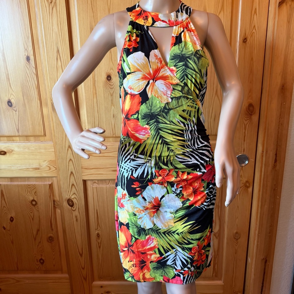 Vintage Cache Y2K Dress Womens L Faux Wrap Ruched Tropical Floral Ruched Cutout